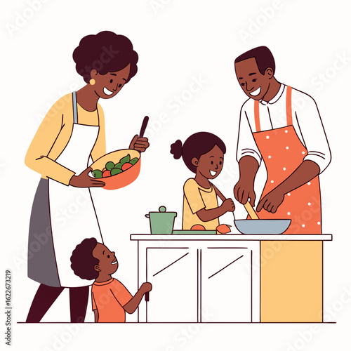Happy african american family cooking together in the kitchen with children learning to prepare food