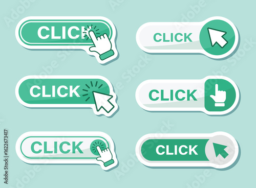 Click here banner sticker icon set collection in flat style. Ecommerce vector illustration on isolated background. Shopping button sign business concept.