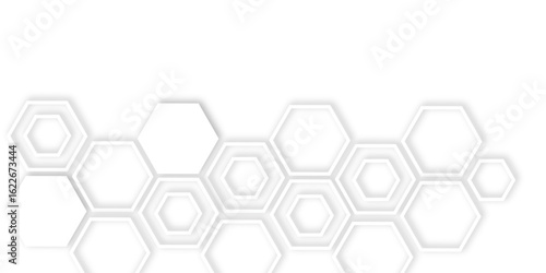 Abstract white hexagons with subtle shadows, clean, modern background featuring a repeating pattern creating a three dimensional effect.	