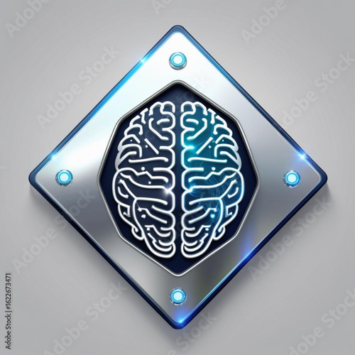 Illuminated cerebral organ within metallic diamond frame with glowing accents and rounded fasteners design