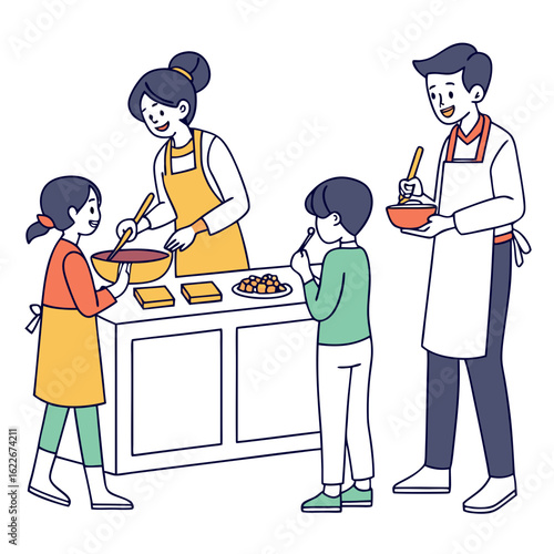 Happy family cooking together in the kitchen parents and children preparing food and enjoying time