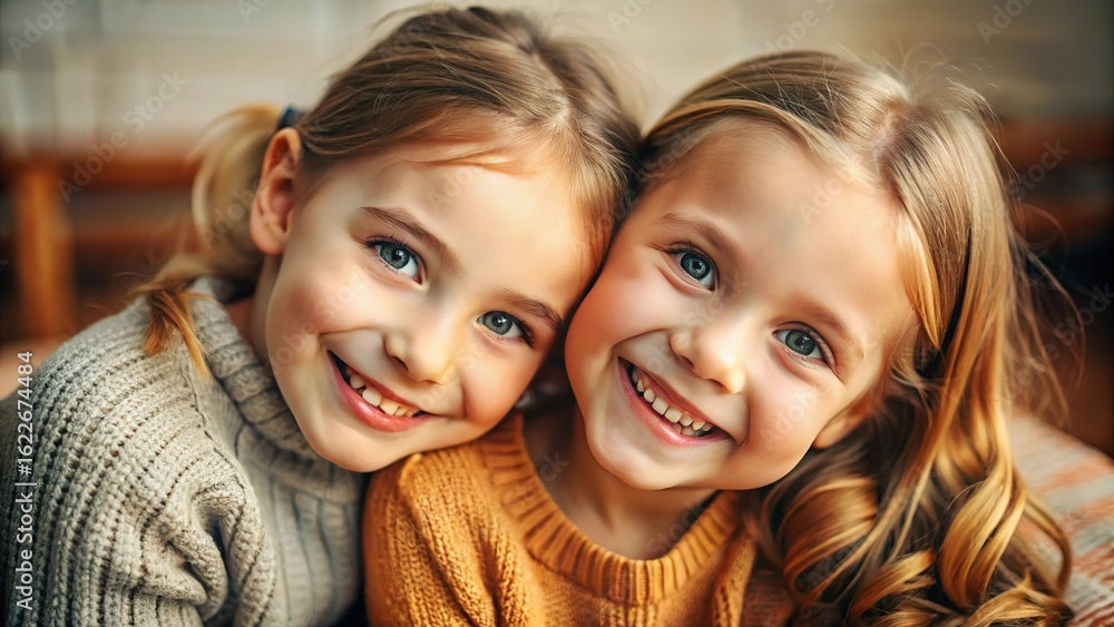 Sisters' Day, Candid moment of cheerful young sisters sharing warmth and joyful snuggles. Sisters' Day, Candid moment of cheerful young sisters sharing warmth and joyful snuggles.