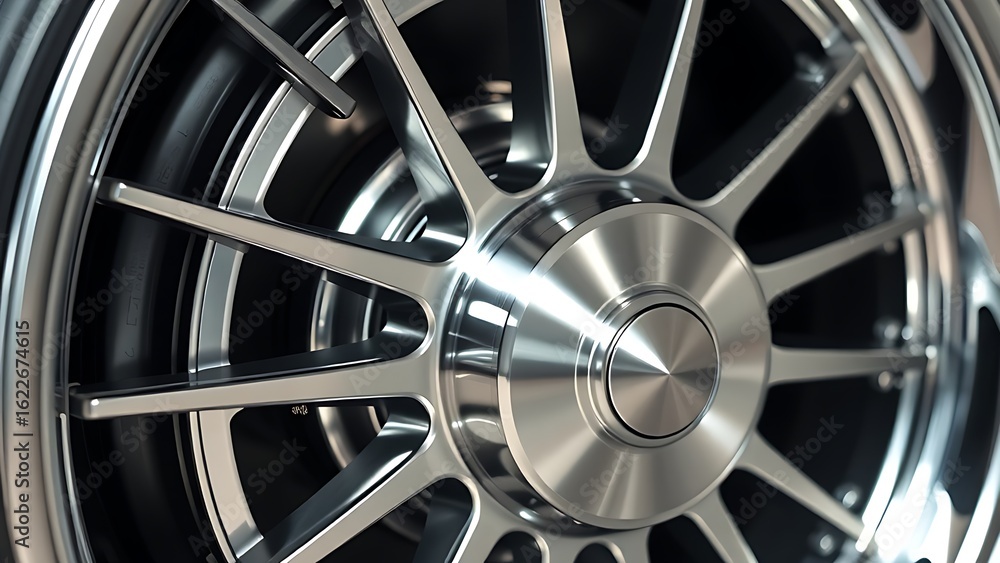 Obraz premium Polished metal wheel with radial patterns, showcasing industrial elegance under studio lighting.