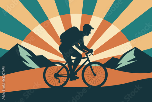 Retro Silhouette of Cyclist Biking in Mountains with Sunburst, Teal and Orange Background