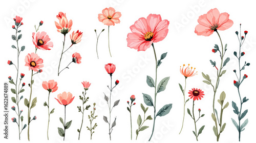 A beautiful spring floral design featuring a red poppy bouquet and green leaf patterns on a white background, creating a vibrant nature illustration perfect for a garden blossom decoration card