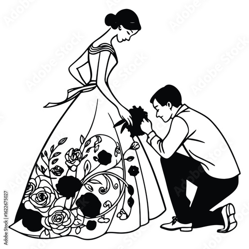 Elegant black and white illustration of a man proposing to a woman with floral dress
