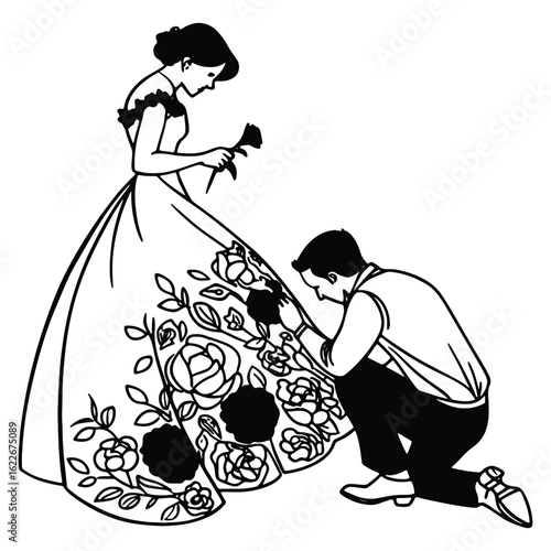 Elegant black and white illustration of a man proposing to a woman with a rose