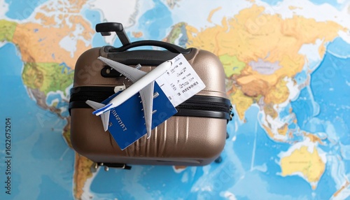Overhead view of suitcase, passport, boarding pass, and miniature airplane on a world map. Travel, planning, and adventure concept, perfect for vacation and tourism projects.