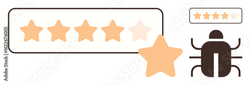 Review bar with five stars, one dimmed, large star highlighted beside, and bug icon signaling an error. Ideal for quality check, debugging, feedback analysis, customer experience, software issues