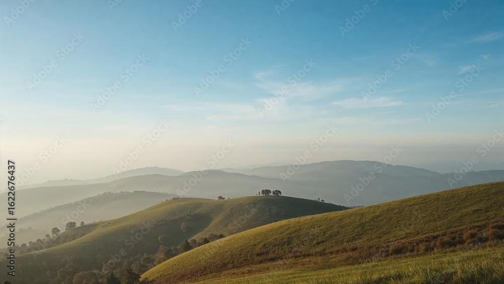Naklejka premium A serene nature view of mist-covered hills at dawn