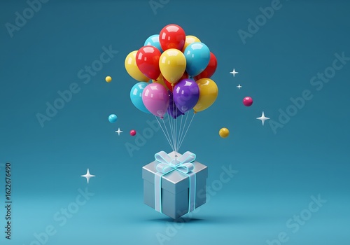 Gift Box Lifted by Balloons with Sparkles on Blue Background