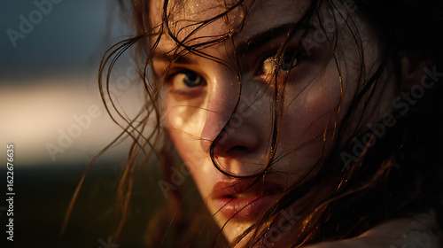 Close-up Portrait of a Woman with Wet Hair and Intense Gaze