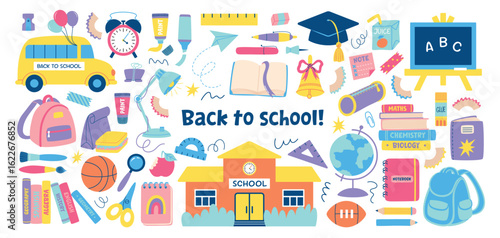 School supplies and education objects set. Back to school collection of elements. Vector illustrations isolated on white background