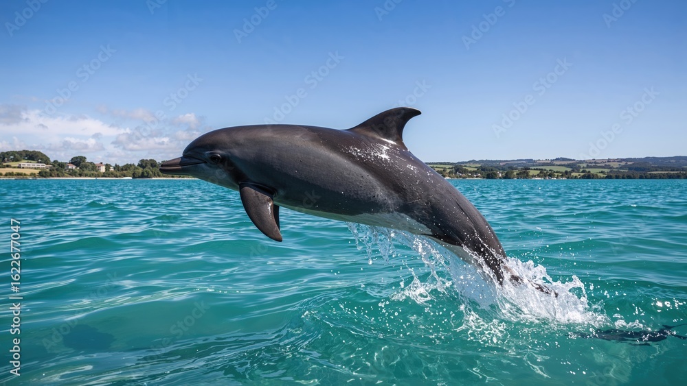 Fototapeta premium Oceanic dolphin making a splashy jump