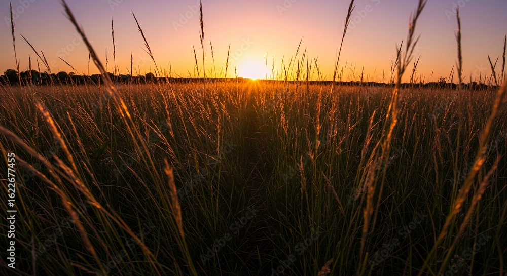 Obraz premium Sunset over field of tall grass silhouetting a distant treeline against a purpleorange sky