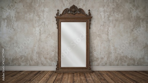 Vintage oak vertical mirror frame on weathered wooden floor against rough concrete wall, circa late 19th to early 20th century, retro filtered image