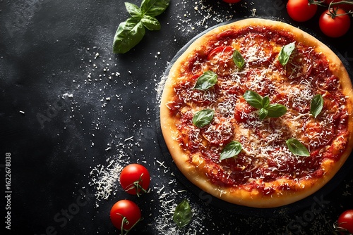 Top view of a freshly baked pepperoni pizza with basil on a dark background.