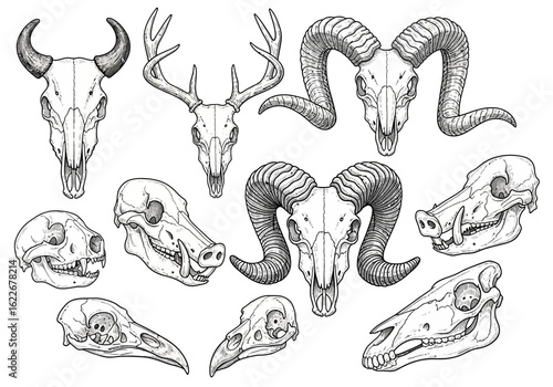 A collection of detailed line art illustrations featuring various animal skulls, including a bull, deer, ram, boar, dog, bird, and horse, arranged on a white background.