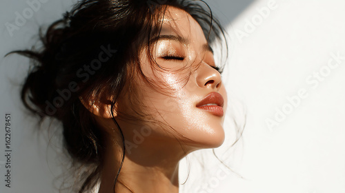Woman with Glowing Skin, Natural Makeup, Sunlight Portrait