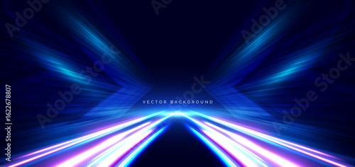 Blue arrow speed movement lines on dark blue background. Hi-speed internet communication.
