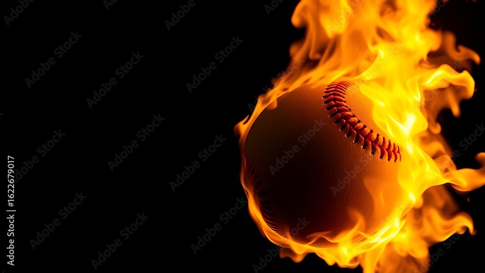 A baseball ablaze with realistic flames, isolated against a dark background for dramatic effect. A baseball ablaze with realistic flames, isolated against a dark background for dramatic effect.
