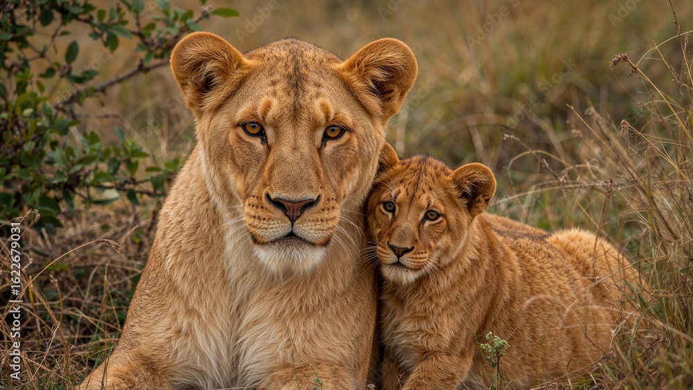 Naklejka premium Mother lion and baby in natural habitat