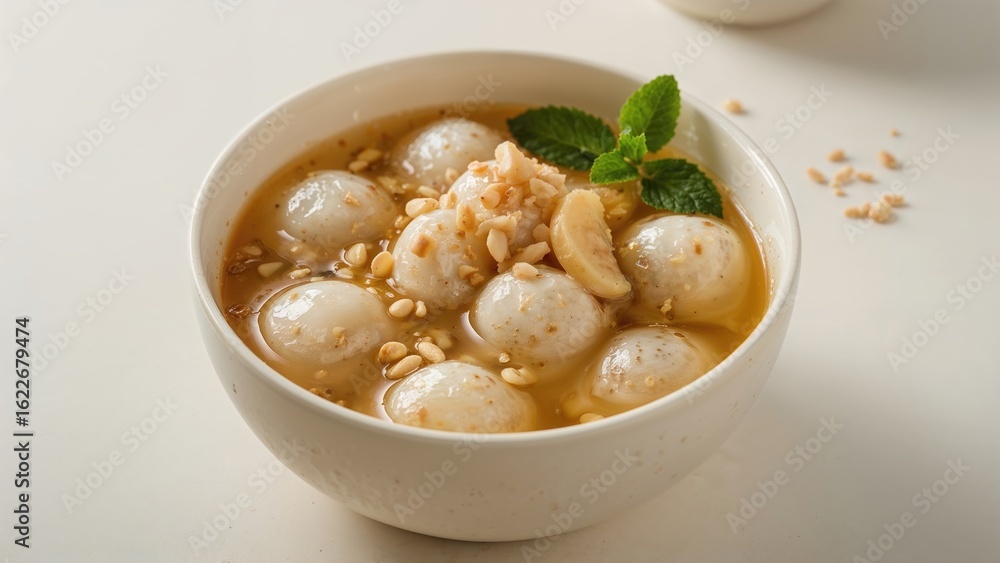 Spiced ginger soup containing tapioca pearls filled with crushed peanuts Spiced ginger soup containing tapioca pearls filled with crushed peanuts