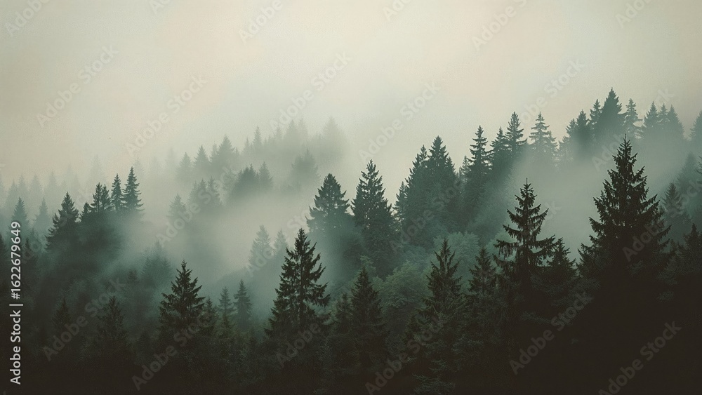 Hipster style retro landscape showcasing a misty pine forest Hipster style retro landscape showcasing a misty pine forest