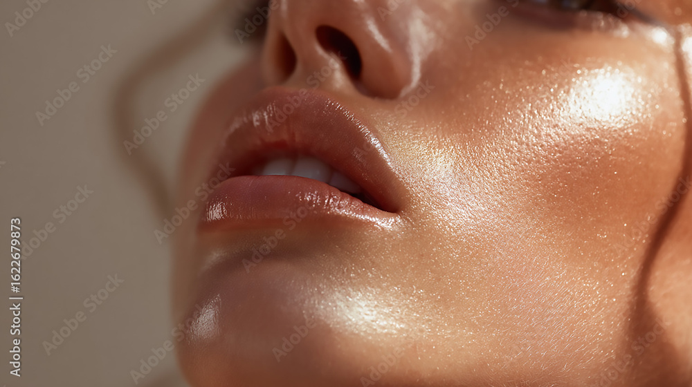 Fototapeta premium Close-up of Woman's Face with Glowing Skin and Makeup