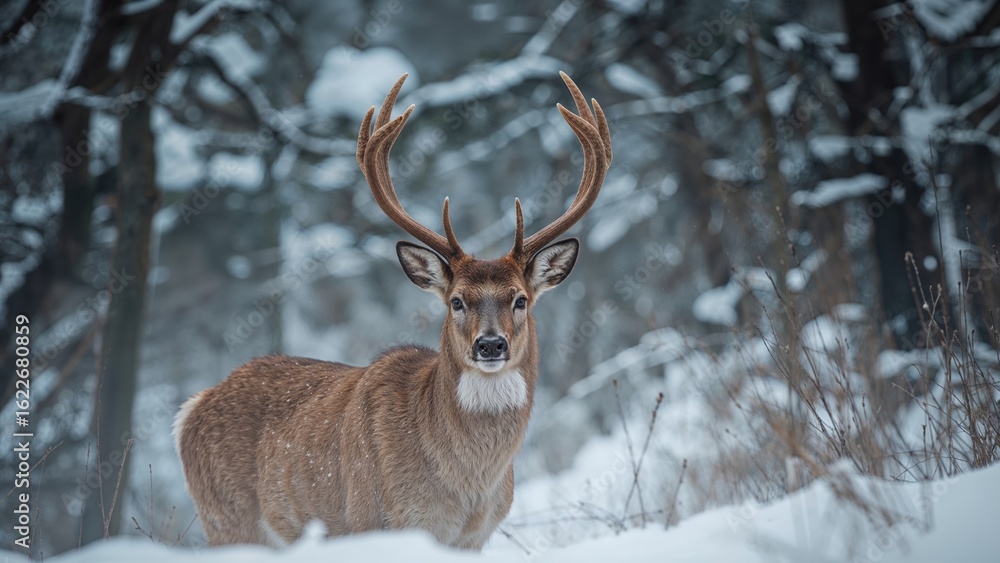 Fototapeta premium Elegant male deer in a frosty forest setting