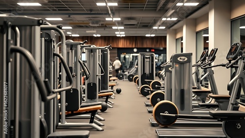Well-equipped fitness center interior showcasing various bodybuilding machines in a clean modern design.