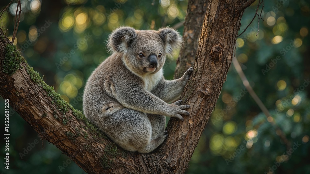 Fototapeta premium Koala perched on a woody limb