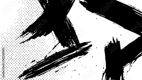 Vector art of abstract black ink brush stroke texture with halftone dots isolated on white background