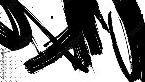 Vector art of abstract black brush stroke with halftone pattern isolated on white background