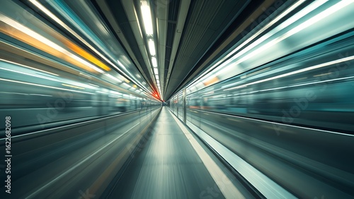 An abstract urban transit scene with dynamic motion blur and cool metallic tones.