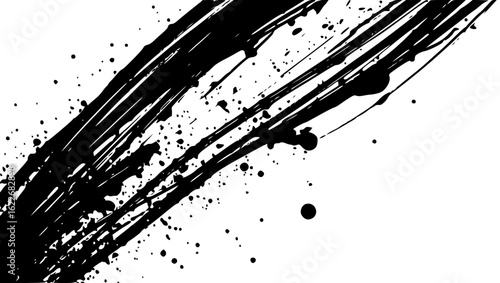 Vector art of abstract black ink brush stroke and splatter isolated on white background