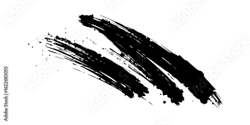Vector art of abstract black ink brushstroke with splatters, isolated on white background
