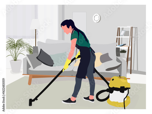 Woman cleaning vacuuming floor at home. Cleaning service worker in uniform, flat vector illustration. 