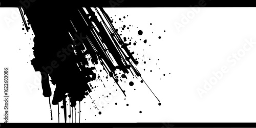 Vector art of thick black ink brushstroke with many splatters, isolated on white background