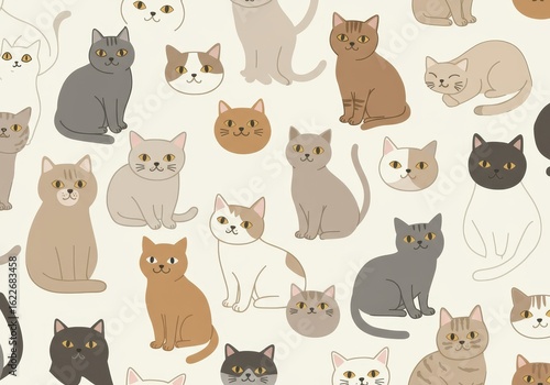 Seamless pattern featuring adorable cartoon cats, perfect for children's designs and playful backgrounds