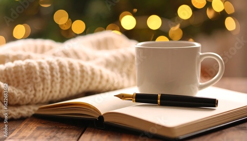 Cozy writing scene with fountain pen, open notebook, warm drink, and bokeh lights