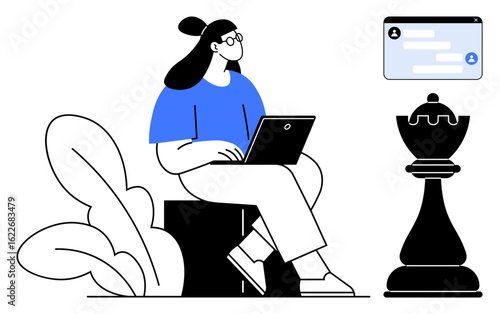 Woman with laptop analyzing and planning beside chess piece and messages. Ideal for strategy, leadership, technology, remote work, decision-making, teamwork, simple landing page