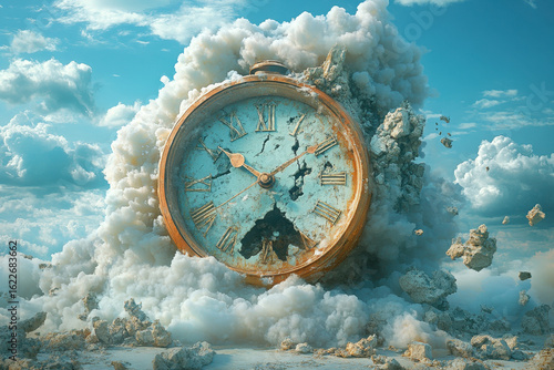 Clock floating in clouds.