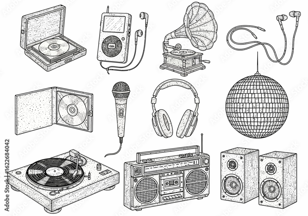 A collection of vintage and modern music listening devices, including a record player, boombox, headphones, microphone, and gramophone, all in a detailed drawing style.