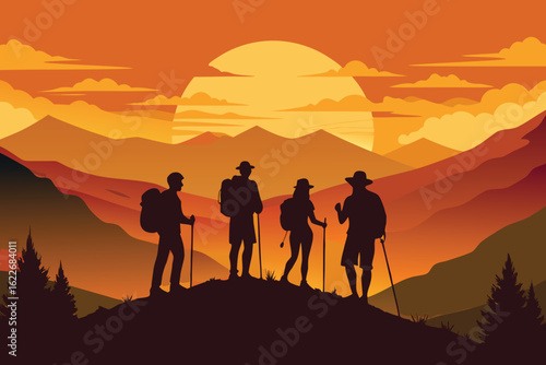 Silhouette of Hikers on a Mountain Ridge at Sunset with Golden Sky and Mountains