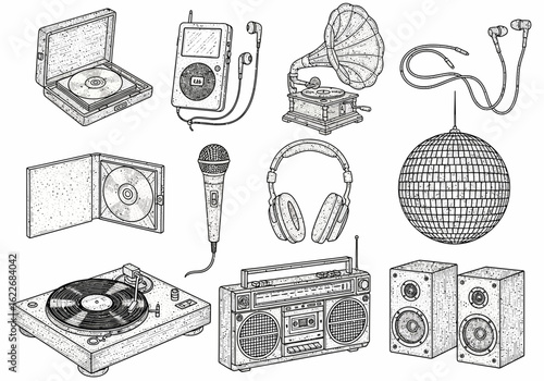 A collection of vintage and modern music listening devices, including a record player, boombox, headphones, microphone, and gramophone, all in a detailed drawing style.