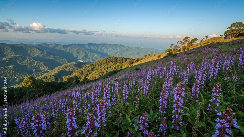 Fototapeta premium The rare 12-year bloom of Neelakurinji colors the highlands