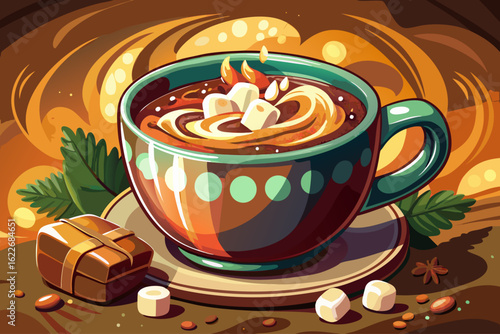 vector of A cup of hot chocolate with stylishly decorated marshmallows...