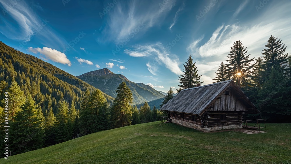 Fototapeta premium Secluded lodge amid vast mountainous terrain