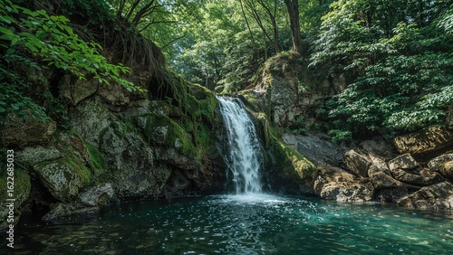 Water flows elegantly through a cavernous rock structure with two waterfalls in a tranquil setting.